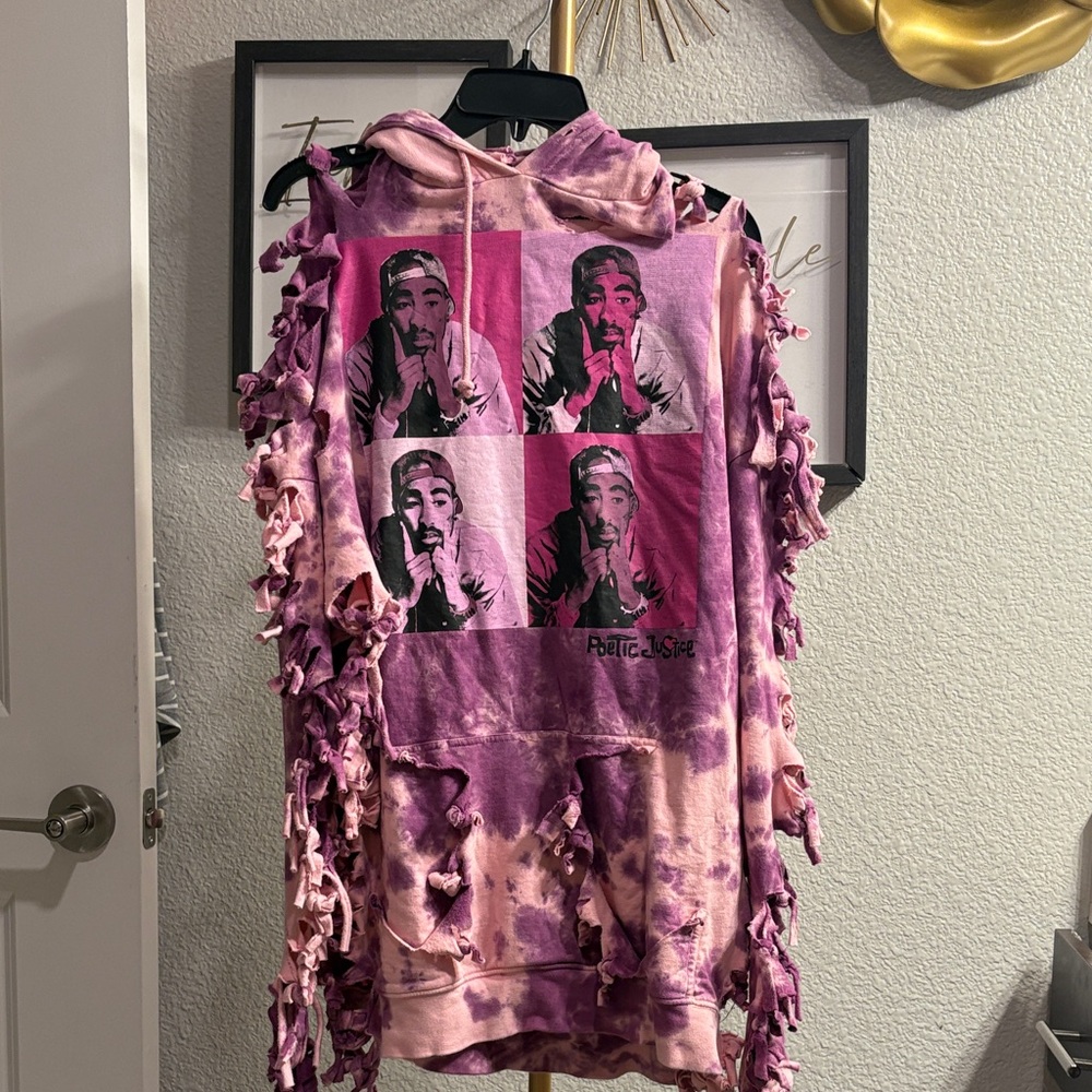 Pink Graphic Hoodie with Fringe